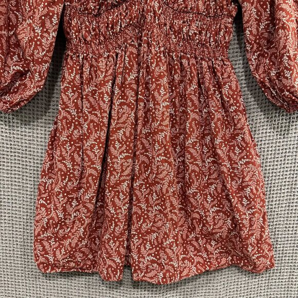 Madewell Dress Womens 6 Burgundy Paisley V-Neck Smocked Waist Long Sleeve Mini - Picture 4 of 11